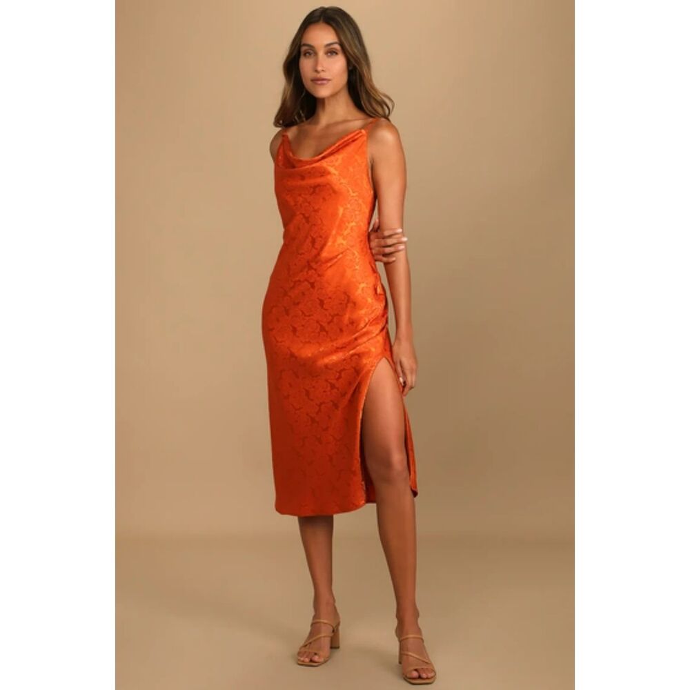 Lulu's You're My Type Pink Satin Jacquard Midi Slip Dress size M NWT